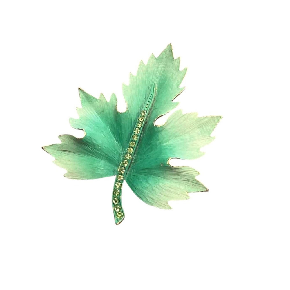 Vintage Gold Tone Green Enamel Rhinestones Large Leaf Pin Brooch